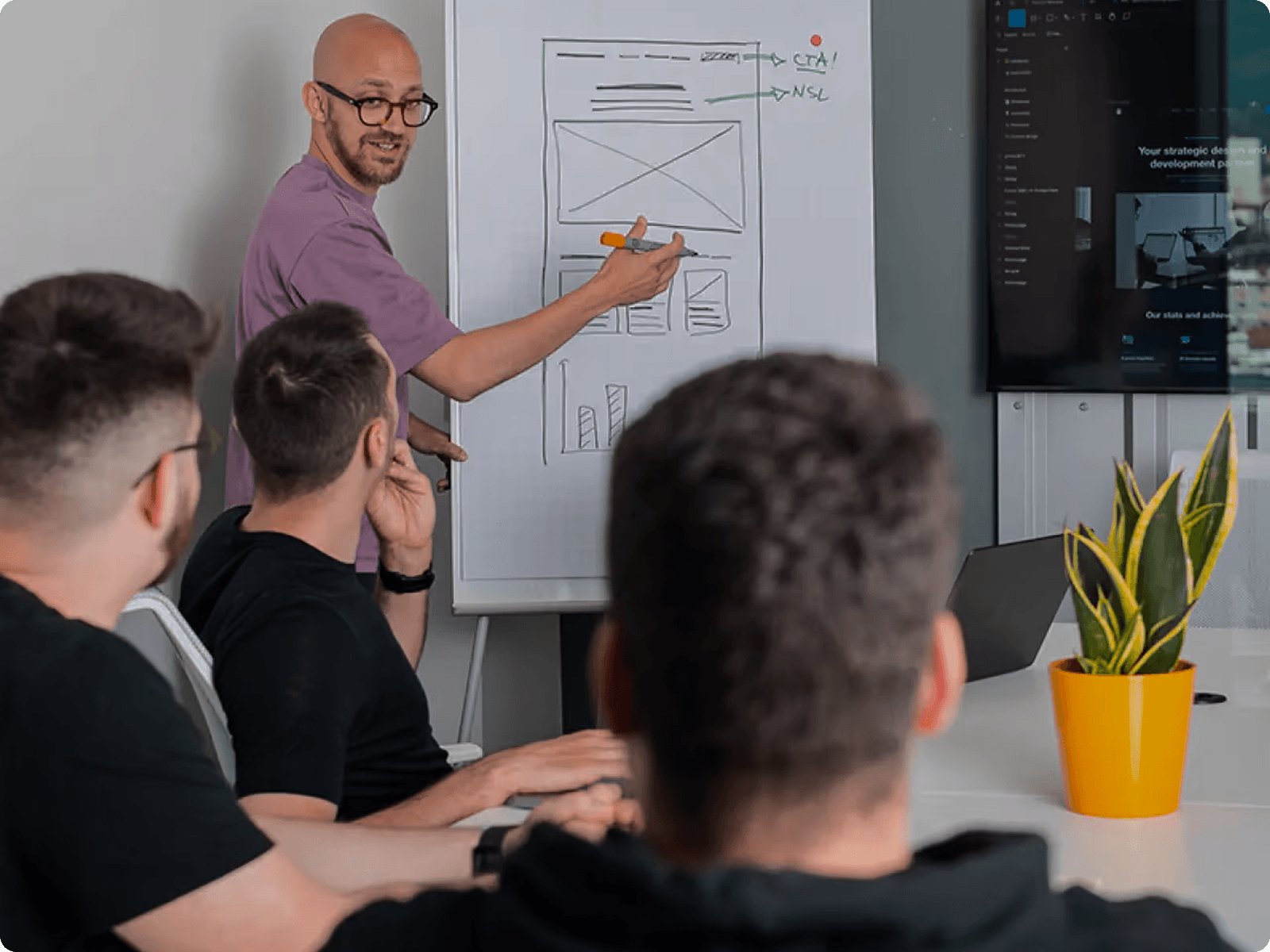 A Reactor team member presenting wireframes on a whiteboard to colleagues